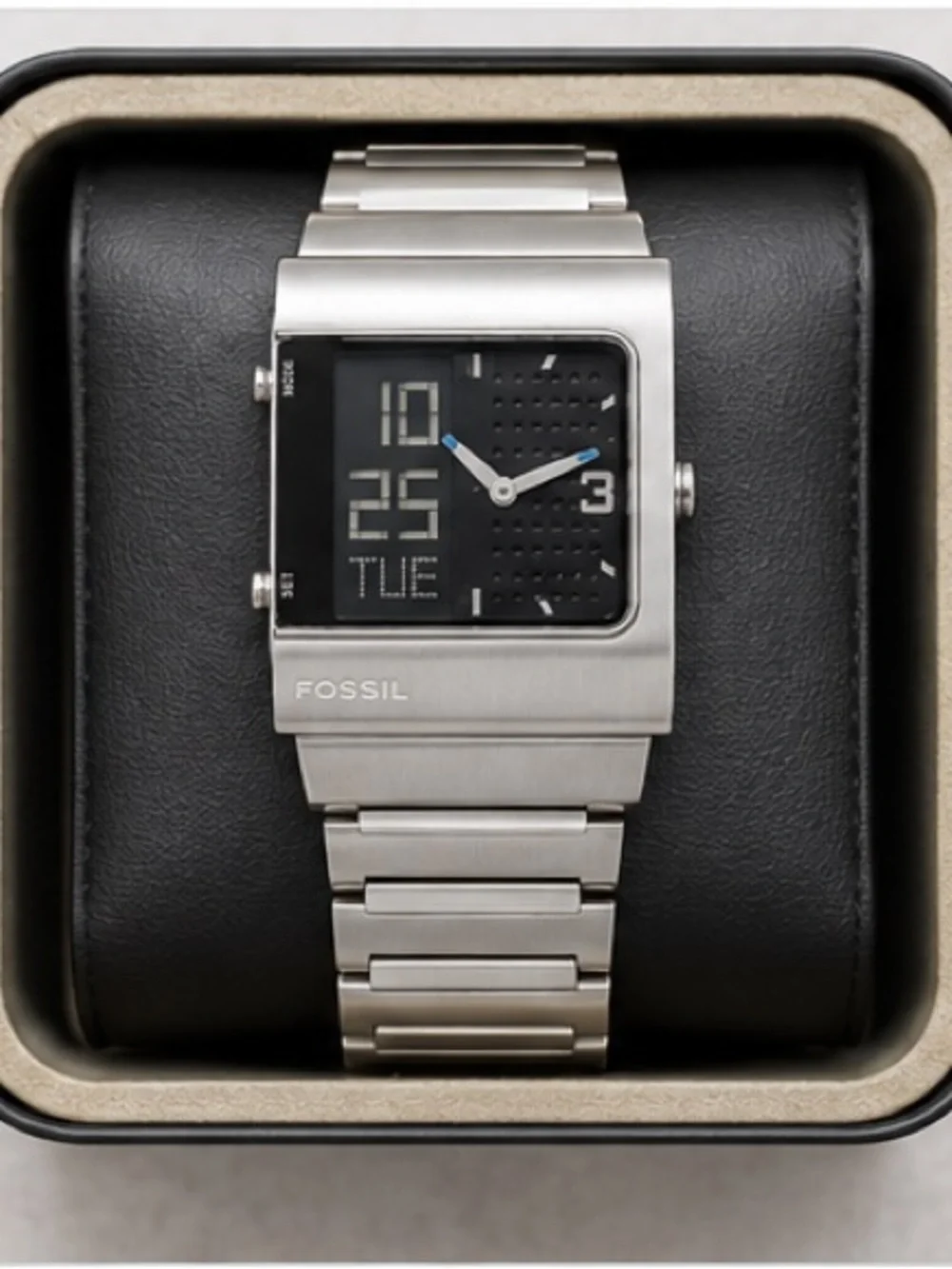 Fossil Silver Stainless Steel Hybrid Watch with Black Dial